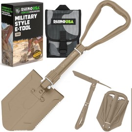 RHINO USA Folding Survival Shovel w/Pick - Heavy Duty Carbon Steel Military Style Entrenching Tool for Off Road, Camping, Gardening, Beach, Digging Dirt, Sand, Mud & Snow - Tan