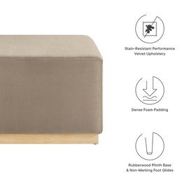Modway Tilden 28 Inch Square Performance Velvet Upholstered Ottoman in Taupe Natural - Large Ottoman Foot Rest with Rubberwood Plinth Base, Living Room Ottoman Coffee Table - Velvet Ottoman Table