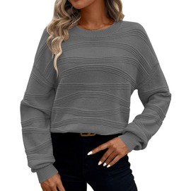 Pink Queen Womens Fall Long Sleeve Tops Casual Crew Neck Loose Fit Knit Lightweight Sweater Pullover Top Dark Grey M