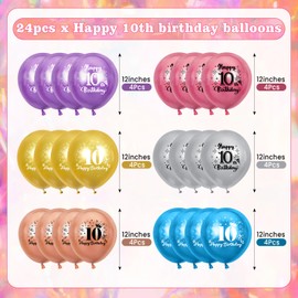 Colorful 10th Birthday Balloons Rainbow Metallic 10th Birthday Party Decorations for Boys Girls 24 Pcs 10th Birthday Latex Balloons for 10 Years Old Birthday Anniversary Party Supplies 12 Inch