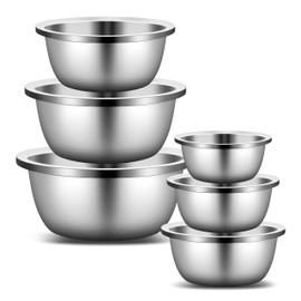Enther Mixing Bowls - Set of 6 Stainless Steel Mixing Bowls with 304 Stainless Steel - Heavy Duty, Easy To Clean, Nesting Bowls Space Saving Storage, Great for Cooking, Baking, Salad, Silver
