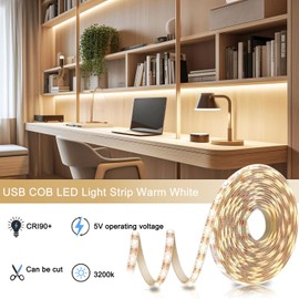 FUPT USB LED Light Strip Warm White, 2M Ultra-Bright Flexible CRI90+ LED Light Strip Adjustable Brightness, Three Brightness Options, Suitable for Cabinets and Bedrooms