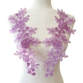 PEPPERLONELY 1 Pair Lace Flower Wedding Dress Patch Embroidered Sew On Applique Lace Trim, 13.75 x 5.5 Inches, Purple