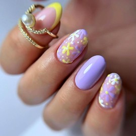 24 Pcs Medium Almond Press on Nails Purple False Nails with Flower Designs Spring Summer False Nails Acrylic Artificial Nails Glossy Full Cover Stick on Nails for Women Girls
