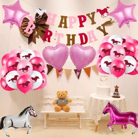 Fizdoqg Horses Birthday Decoration Set Girls Horses Decoration Birthday Balloons Children's Birthday Horses Party Decoration for Children's Birthday Party Decorations (Pink)