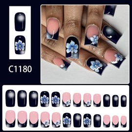 Black French Tip Press on Nails Autumn Winter Fake Nails Flower Design Cute Acrylic Nails Full Cover Glue on Nails Fall Artificial Nails Medium Square Nails Press ons for Women Girls Manicure