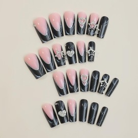 Black Press on Nails Long Square Fake Nails Star False Nails with Designs Heart Bling Rhinestones Glossy Full Cover Nude Acrylic Nails Glue on Nails Artificial Stick on Nails for Women Manicure 24 Pcs