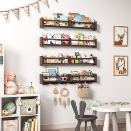 ECOOCE 34Inch Nursery Bookshelves,Set of 4,Wall Floating Shelf Kids Coat Rack with 6Hooks,Hanging Book Shelf for Baby Nursery Room Décor (Dark Brown, 34)