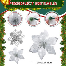 Crowye 30 Pieces 2 Styles Christmas Glitter Poinsettia Flowers Artificial Christmas Flowers Faux Xmas Poinsettia Christmas Tree Ornaments for Xmas Holiday Wedding Wreath Decor (Silver)
