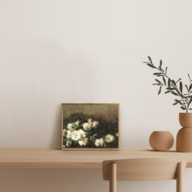 RaphelArt Framed Canvas Wall Art Home Decor,Still Life White Roses Vintage Decor,French Moody Floral Farmhouse Canvas Wall Art Decor for Living Room,Office,Bedroom,Bathroom,8''x10''