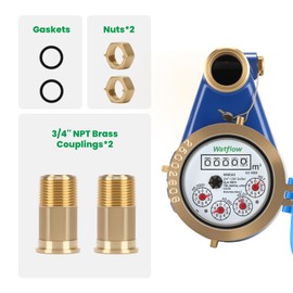 Watflow DN20 Vertical Water Meter with 3/4" NPT Couplings, Heavy Brass Cold Water Meter Measuring in Cubic, for Garden or Factory, Multi-Jet Vertical Install(No Lead-Free)