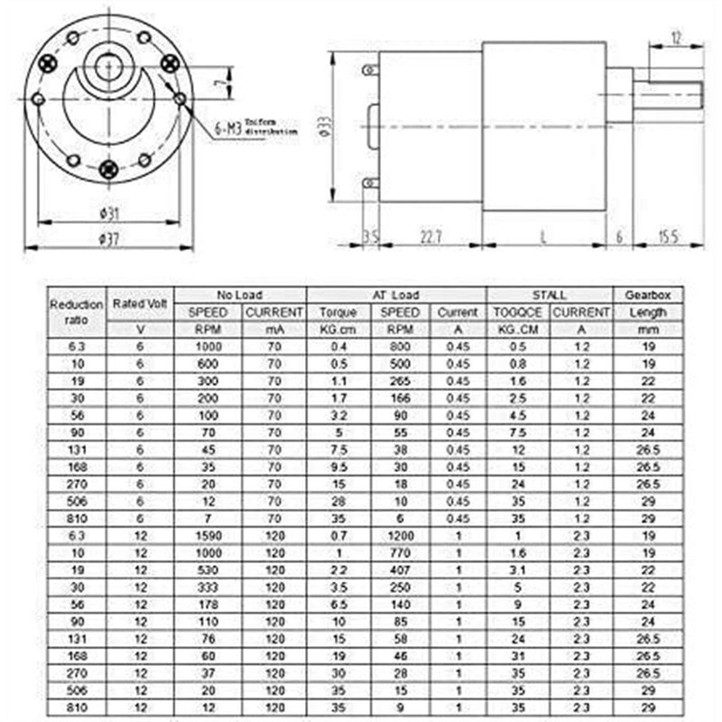 1pc 37mm Diameter Geared Motors 12V 24V DC Gear Motor