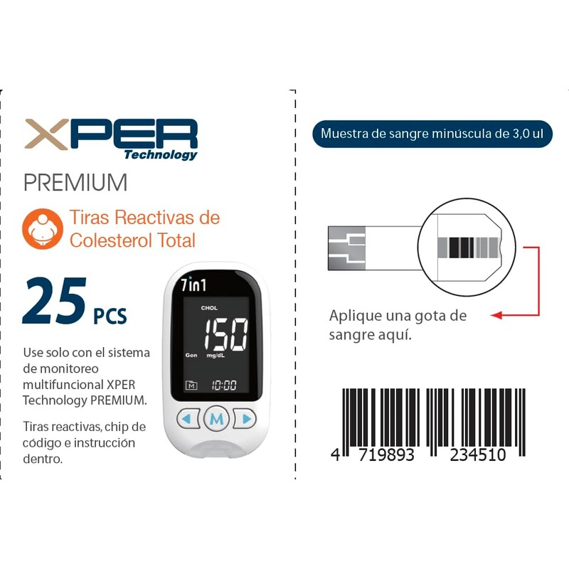 Xper Tiras Reactivas Premium de Colesterol Total XPER, 25 piezas