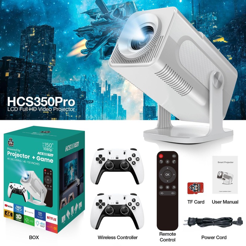HCS350 Pro Projector and game,Retro 4K Smart Game Projector 1280*1080P