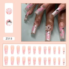 24Pcs Fake Nails Press on Nails Long Square Coffin French Tip with Nude Pink White Star Pearl Design Acrylic False Nails Thick Glossy Full Cover Glue on Nails Stick on Nails for Women Z513