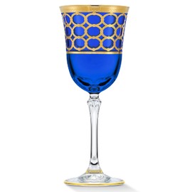 Lorren Home Trends Cobalt Blue Red Wine Goblet with Gold Rings, Set of 4
