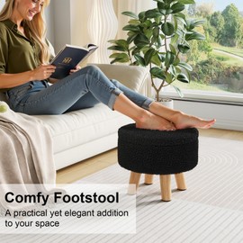 WBKATN Black Storage Ottoman, Small Foot Stool Ottoman with Storage, Boucle Sherpa Foot Rest for Couch, Round Footstools with Soft Seat, Sturdy Wood Legs Stool for Living Room, Hallway, Desk