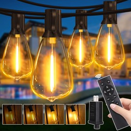Outdoor String Lights Dimmable with Remote, 50 FT Outdoor Lights with 2 Timer and 3 Modes, Waterproof & Shatterproof Patio Lights, 2200K Energy Saving String Lights 2 Spare Bulbs for Patio Yard