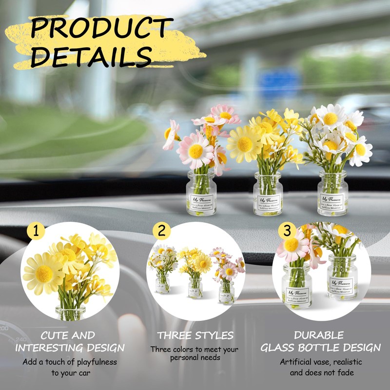 VBGURR 3Pcs Mini Daisy Car Decor Set, Cute Dashboard Ornaments