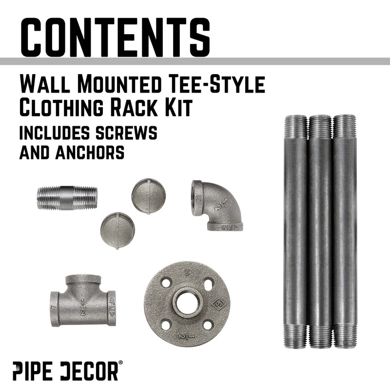 PIPE DECOR Black Steel Wall-Mounted Tee-Style Clothing Rack Kit, DIY