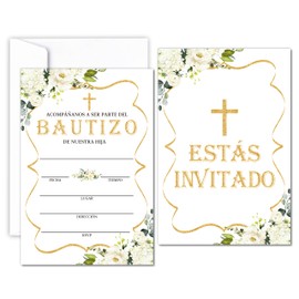 FTRZX Bautizo Invitations For Girls Boys, Floral Theme Invite Cards, 25 Invitations With Envelopes, Baptism Invitation Cards, Baby Christening Ceremony Religious Celebration Invites, 10