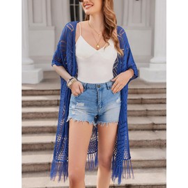 Hotouch Summer Open Sweaters for Womens 2024 Hollow Out Knit Cardigan Short Sleeve Soft Tassel Kimonos Dark Blue L