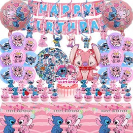 AIXPROBEAD Stitch Party Supplies, 101PCS Birthday Decorations Set Include Banner, Balloons, Stickers, Hanging Swirls, Cake Cupcake Toppers, Tablecloth for Girls Pink Stitch Theme Party