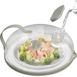 Microwave Splatter Cover with Water Steamer for Food - 10 Inch Steam Microwave Splatter Guard with Handle Plate Covers for Heating Food Splash Oven Lid with Built in Steamer