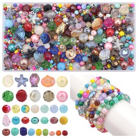 KINGSHINE 870pcs Assorted Glass Beads for Jewelry Making, Colorful DIY Craft Crystal Beads with Shaped Fish/Shells/Starfish/Snails Beads for Bracelets Earrings Necklaces (Multicolor)