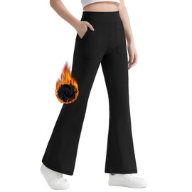 JOCMIC Girls Fleece Lined Flare Leggings High Waist Bell Bottoms Yoga Athletic Pants with Pockets for Kids Black 11-12 Years