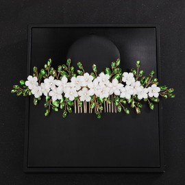 Teyglen Bride Wedding Hair Comb Bridal Flower Crystal Hair Pieces Handmade Green Rhinestone Hair Comb Headband Floral Flower Headpieces for Wedding Hair Accessories for Bride Women Girls (Gold-Green)