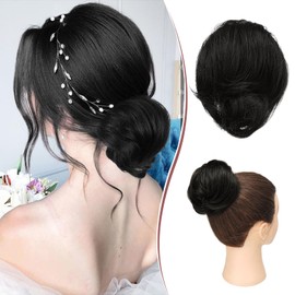 RUWISS Long Thin Straight Tousled Updo Bun 100% Real Human Hair Elegant Hair Pieces Hair Bun Long Scrunchie Extension Casual Hair Bun Extensions Ponytail Style for Women 20g (Darker Brown 1)