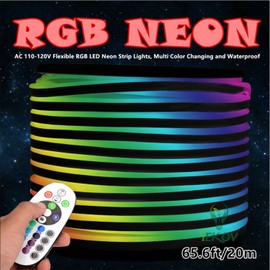 IEKOV LED NEON Light, AC 110-120V Flexible RGB LED Neon Light Strip, 60 LEDs/M, Waterproof, Multi Color Changing 5050 SMD LED Rope Light + Remote Controller for Party Decoration (65.6ft/ 20m)