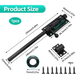 Heavy Duty Slide Gate Latch Bolt Safety Door Lock with Padlock Hole, 245mm Garden Gate Bolt 304 Stainless Steel for Shed Doors Gates Bathroom Black