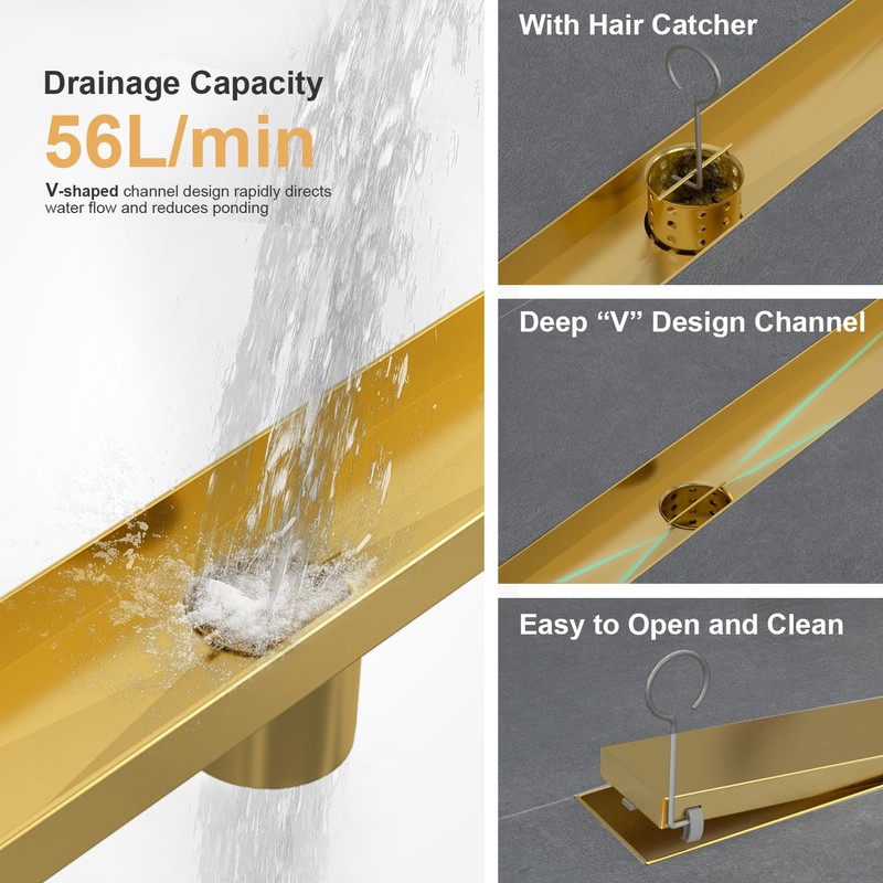 EBYTE Linear Shower Drain, 12 Inch Brushed Gold 304 Stainless