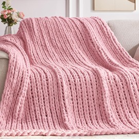 Negwoo Chunky Knit Throw Blanket, 40''x50'' Light Pink Crochet Blanket for Bed, Couch or Home Decor
