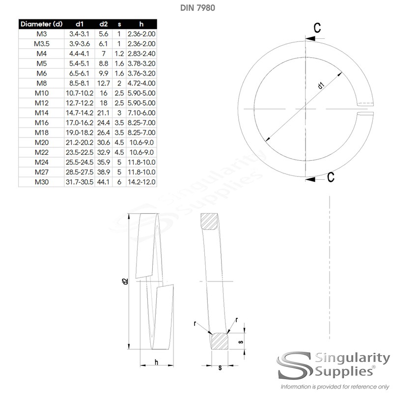 M14 (14mm) Square Spring Split Lock Washer - Stainless Steel
