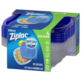 Ziploc® Brand, Food Storage Containers with Lids, Smart Snap Technology, Square, 4 ct