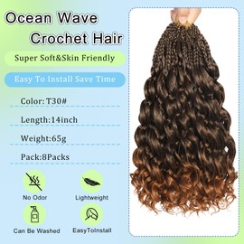 FLWAI Pre Looped Ocean Wave Crochet Hair 14 Inch 8 Packs Boho Style Hair Extensions Short Curly Crochet Hair Pre Twisted Synthetic Deep Wavy Curly Braiding Hair for Women (T30)