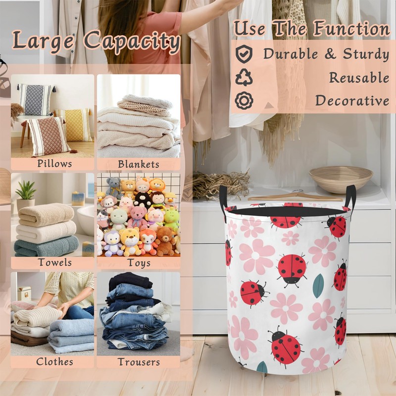 Cute Ladybug Laundry Hamper,Pink Flower Collapsible Laundry Basket with Handles