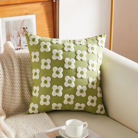 Daisy Throw Pillow, 1PC Fluffy Faux Fur 18x18 Inch Jacquard Decor Pillow, including the Cover and Insert Cute Floral Decorative Pillow for Sofa Living Room Couch Bed,Bedroom (Green Flower, 18"x18")