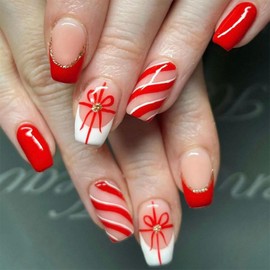 Christmas Press on Nails Medium Coffin Fake Nails with Gifts Design Red French tip Glue on Nails Swirl Stick on Nails Winter Xmas False Nails for Women Girls Holiday Manicure 24pcs