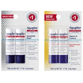 Aquaphor Juego de bálsamo labial con aceite de jojoba y manteca de karité, barra de reparación de labios (2 x 0.17 onzas) + barra de reparación con protector solar SPF 30 (2 x 0.17 onzas), sin fragancia, sin parabenos, alivia inmediatamente la sequedad