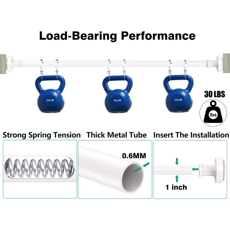 White Shower Curtain Rod with 12 Hooks, 18-72 Inches,Rust Resistance,