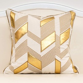 Alerfa 20 x 20 Inches White Geometric Gold Leather Striped Cushion Cases Embroidery Modern Throw Pillow Covers Decorative Pillows for Couch Living Room Bedroom Car 50 x 50cm