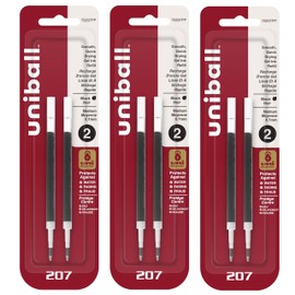 Uniball Signo 207 Gel Pen Refills, 0.7mm Medium Point, Black Ink, 6 Refills