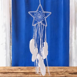 MIJOMA Dream Catcher Moon & Star in White - Magic Boho Decoration with Feathers for Gentle Dreams (1, Star)