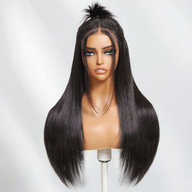 Nadula 13x4 Lace Front Human Hair Wig Glueless Straight Layered Wig with Drawstring, Pre-Plucked & Pre-Cut, Natural Black 16 Inch for Round & Square Face Shapes 150 Density