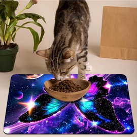 Pet Bowl Mats for Food and Water Cat Dog 19.6"x24", Cat Play Mat Pet Feeding Rug with Waterproof & Non-Slip Rubber Bottom Cushion, Litter Matt for Cat and Pet Sleeping Resting Pad, Star Butterfly