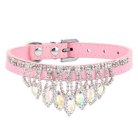 HOWWFALY Bling Rhinestone Crystal Dog Collar PU Leather Adjustable Collar Soft Crystal Dog Collar Neck Decoration Collar for Small Medium Dogs (Pink)